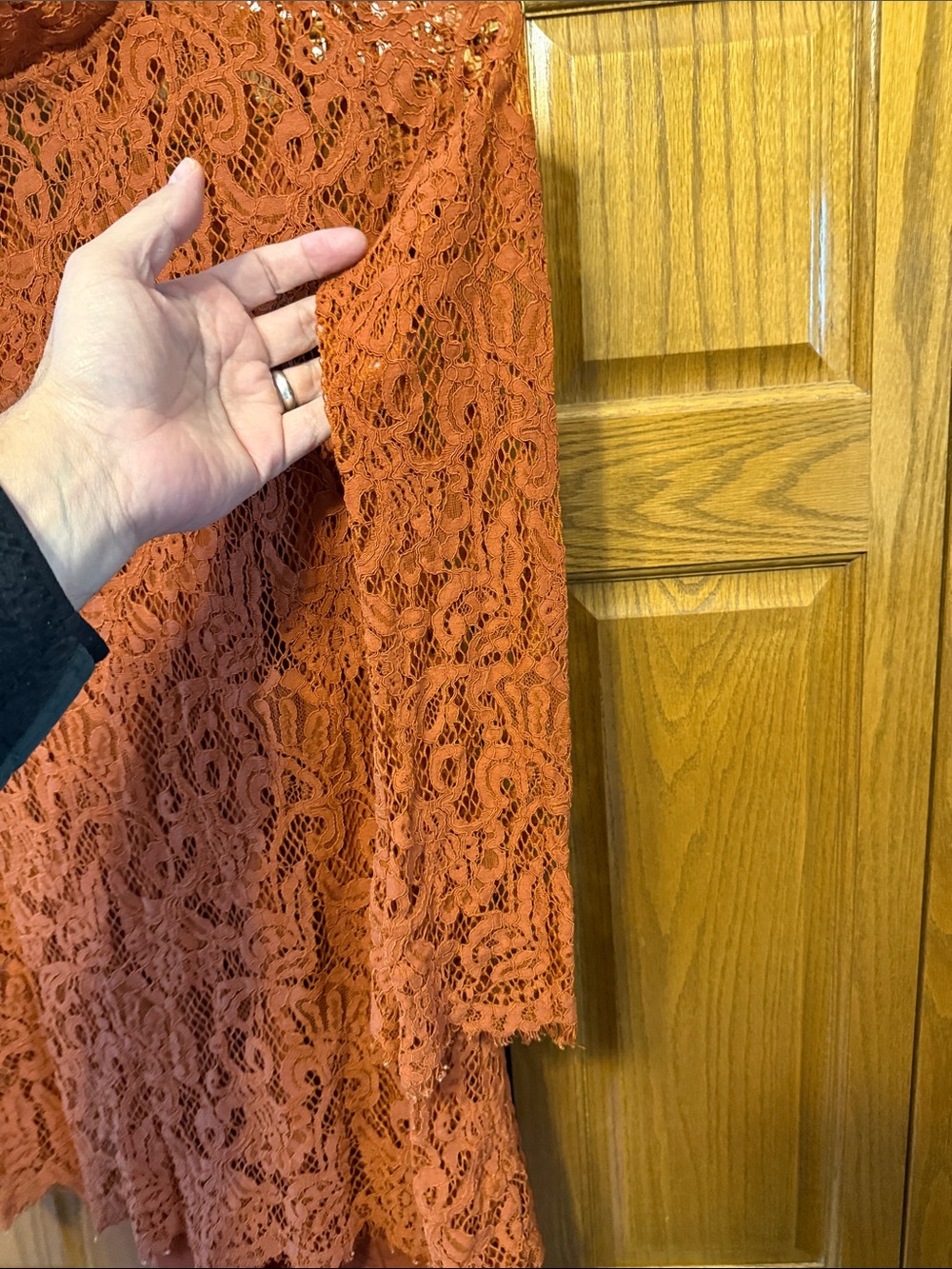 Lace Long-Sleeve Mock Neck Dress- Rust/Size: Medium - Picture 5 of 10